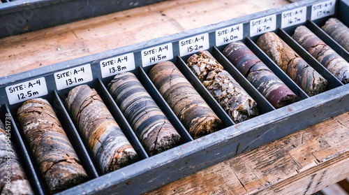 Geological core samples organized in labeled tray on wood