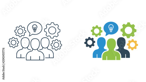 Creative brainstorming and team idea generation icons with lightbulb and gear symbols for innovation and problem solving concepts in flat and linear graphic design styles