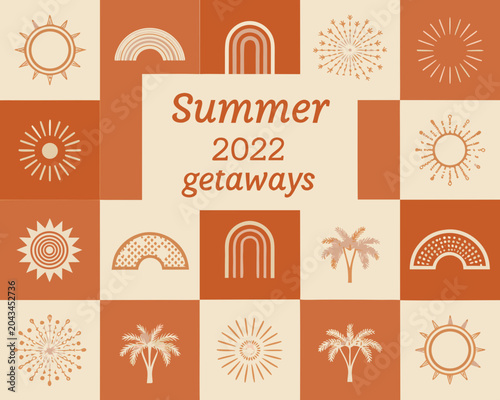 Fotografía summer getaways pattern with suns palm trees and rainbows