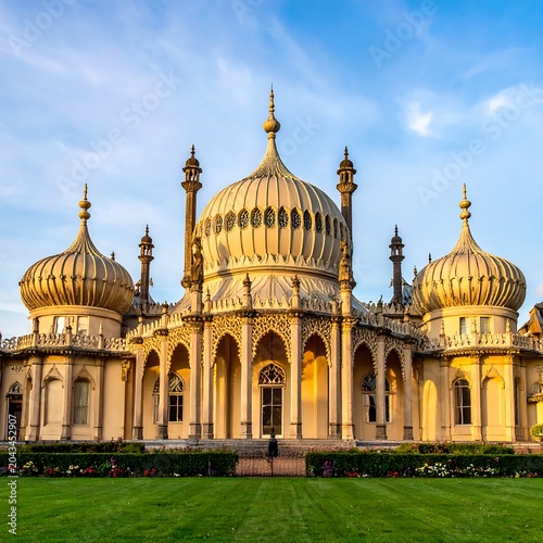 Ornate Historic Pavilion with Golden Domes in Sunlit Garden Setting