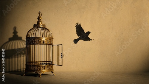 entrapment. Bird silhouette flying from gilded cage against monochrome wall. wildlife magazines, conservation campaigns, designed for wildlife conservation campaigns, used by real estate agents.
