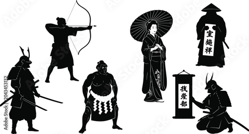 Foto Japanese culture collection samurai sumo geisha archer and calligraphy silhouett
