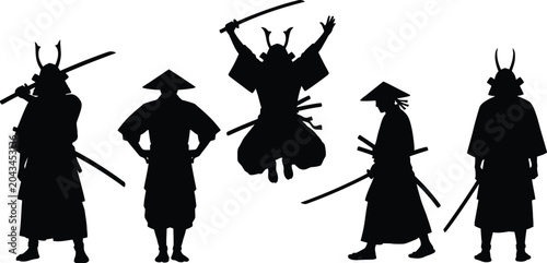 Cuadro en lienzo Samurai warriors silhouette collection japanese fighters with swords and traditi