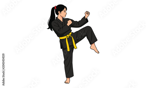 Foto Martial artist in black uniform performing a kick illustration