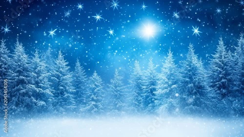 Magical Winter Night: A breathtaking scene of snow-covered pine trees under a starlit, moonlit sky. Gentle snowflakes drift down, creating a serene and enchanting winter wonderland atmosphere.