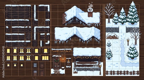 Winter cabin construction kit with pixel art snowy building elements