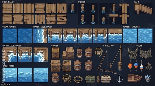 Pixel art dock construction kit with wooden planks and nautical accessories