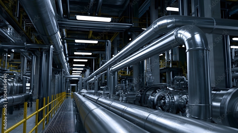 Obraz premium An expansive view of industrial metal piping and structural framework within a dimly lit factory environment
