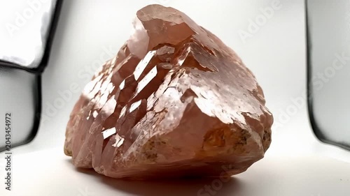 Raw rose quartz crystal on white background, natural pink gemstone with rough facets and mineral texture, calm wellness and spirituality aesthetic for design use