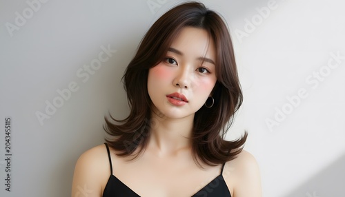 おしゃれなカットモデル女性の自然光ポートレート　韓国風ヘアメイク