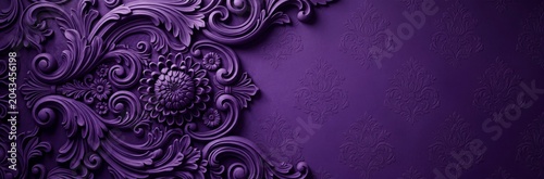 Elegant dark purple background featuring intricate baroque floral carvings on the left side and subtle damask patterns embossed on the wall