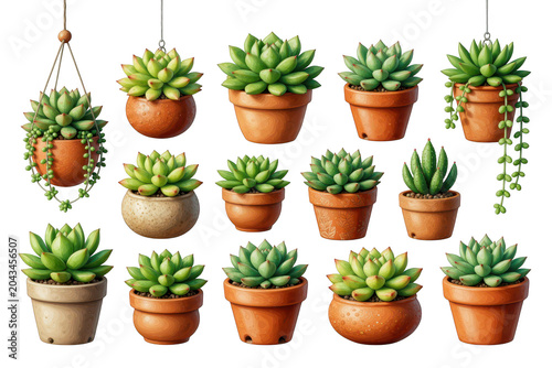 Succulent Plants in Terracotta Pots, Isolated Collection for Design