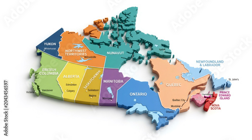 3D Colorful Provinces Map of Canada with Regions