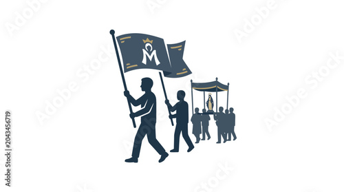 Foto A group of people participating in a religious procession carrying flags and a canopy