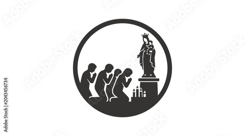 Obraz na plátně A circular icon depicting people kneeling in prayer before a statue of the Virgin Mary