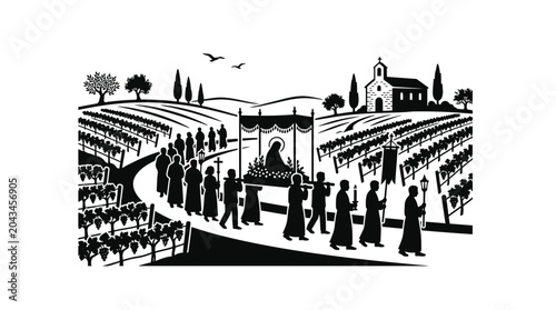 Cuadro en lienzo A solemn religious procession of clergy carrying a canopy through a vineyard