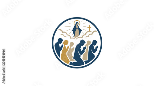 Canvastavla A circular emblem featuring a group of people kneeling in prayer beneath an apparition of the Virgin Mary
