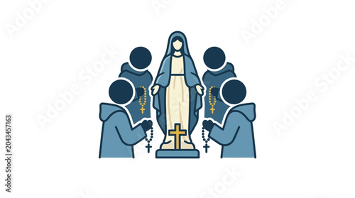 Photography A stylized illustration of four figures praying before a statue of the Virgin Mary