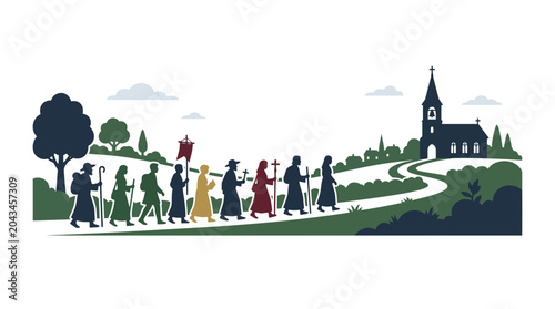 Bild auf Leinwand A procession of religious figures walking along a path towards a church building