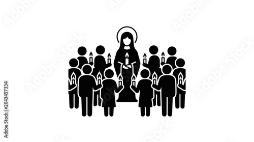 Obraz na płótnie A black and white icon depicting a group of people holding candles around a central religious figure
