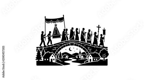 Canvastavla A black and white silhouette illustration of a religious procession crossing a stone bridge
