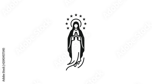 Minimalist line art illustration of the Virgin Mary with a halo of stars.
