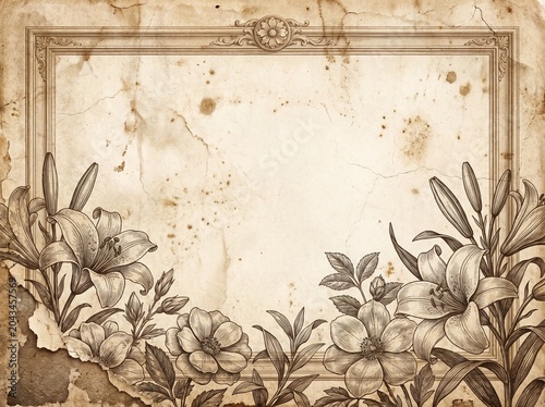 Vintage sepia sketch background with elegant hand drawn lilies and floral elements surrounding an ornate classic border on distressed old paper