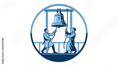 Foto Two figures ringing a large church bell inside a circular frame.