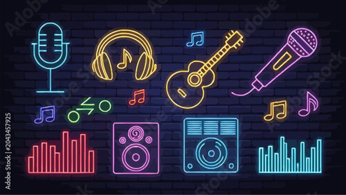 Neon music icons set on dark brick wall background
