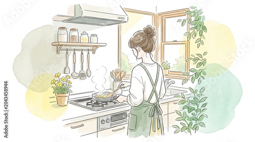 Watercolor illustration of a woman from behind cooking a meal at the stove in a cozy kitchen filled with green indoor plants and wooden shelves