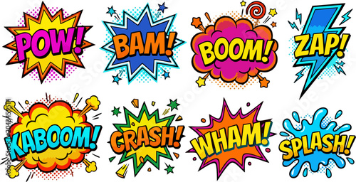Foto Colorful Comic Book Sound Effects Set POW BAM BOOM ZAP KABOOM CRASH WHAM SPLASH,