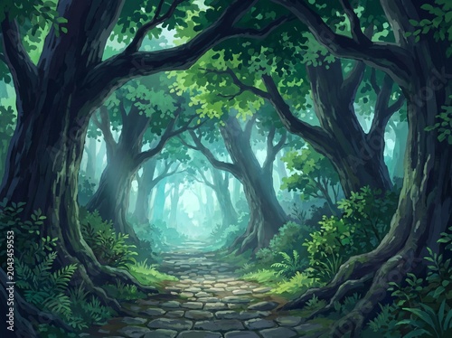 Enchanting stone path winding through a dense green forest with ancient overhanging trees creating a natural archway under misty ethereal lighting