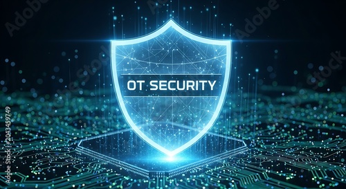 Glowing digital shield labeled ot security hovering over a complex circuit board with data particles and blue light connections in background