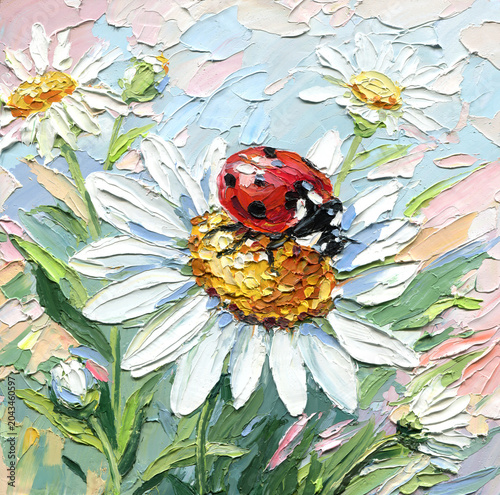 Schilderij op canvas ladybug on daisy flower impasto oil painting with white petals pastel garden bac