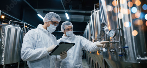 Two workers in protective clothing review data on a tablet while inspecting brewing equipment. They focus on a pressure gauge and discuss the brewing process