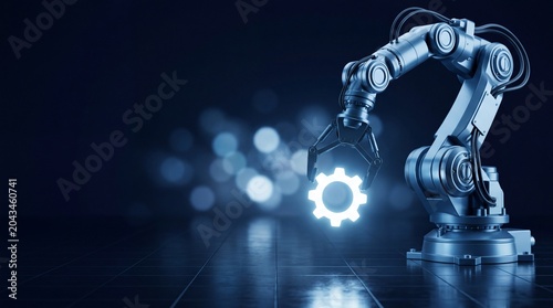 Futuristic industrial robotic arm holding a glowing neon blue gear symbol in a dark modern factory setting with soft bokeh lights in the background