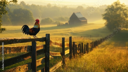 Rooster on fence, sunrise over misty field and barn