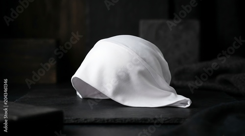 White fabric head covering or hijab mockup on a dark slate background featuring soft drapery and clean textile texture