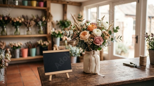 Flower shop display with bouquet and empty chalkboard on wooden table during daylight