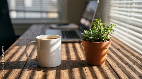 Morning coffee and a small plant on a desk with natural light shining through a window in a home office setting