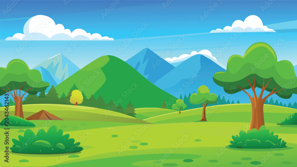 Obraz premium Lush green valley with rolling hills trees and mountains under a bright blue sky with fluffy clouds conceptual landscape