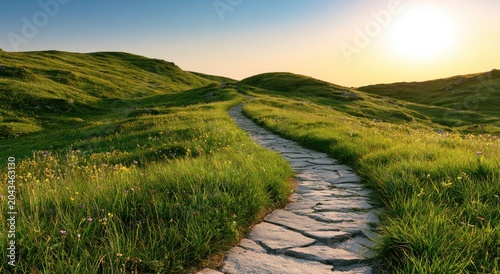 Winding stone path through a sun-drenched, verdant hilly landscape