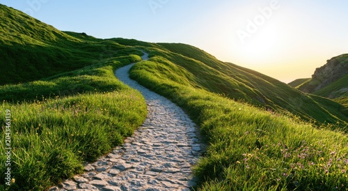 Paved path winds through sunlit green hills