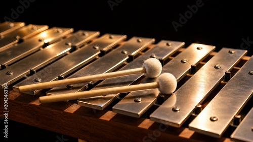 percussive. Close-up of polished glockenspiel bars with mallets on wooden frame. STEM education sheets, lab safety posters, designed for biotech research communications, used by web designers.