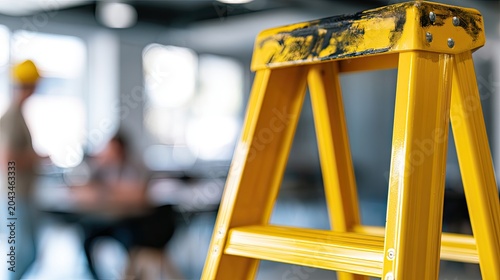 Bright yellow ladder in focus, with blurred figures working in background