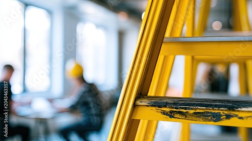 Yellow ladder in foreground, blurred people and windows in background
