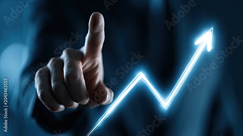 A hand points to a bright, upward-trending neon graph on a dark background
