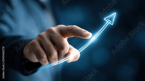 Hand guiding glowing upward arrow, symbolizing growth and success
