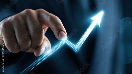 A hand points to a bright blue arrow indicating upward growth