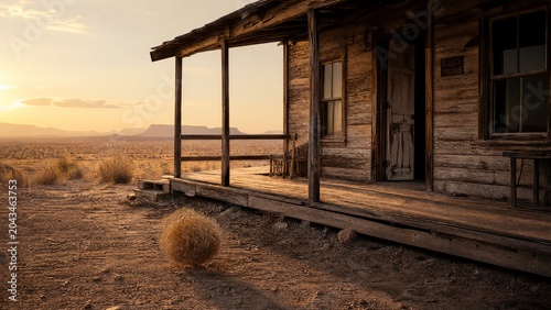 tumbleweed. Abandoned desert cabin porch with a slightly ajar door and a tumbleweed at golden hour. travel magazines, destination branding, designed for travel destination branding.